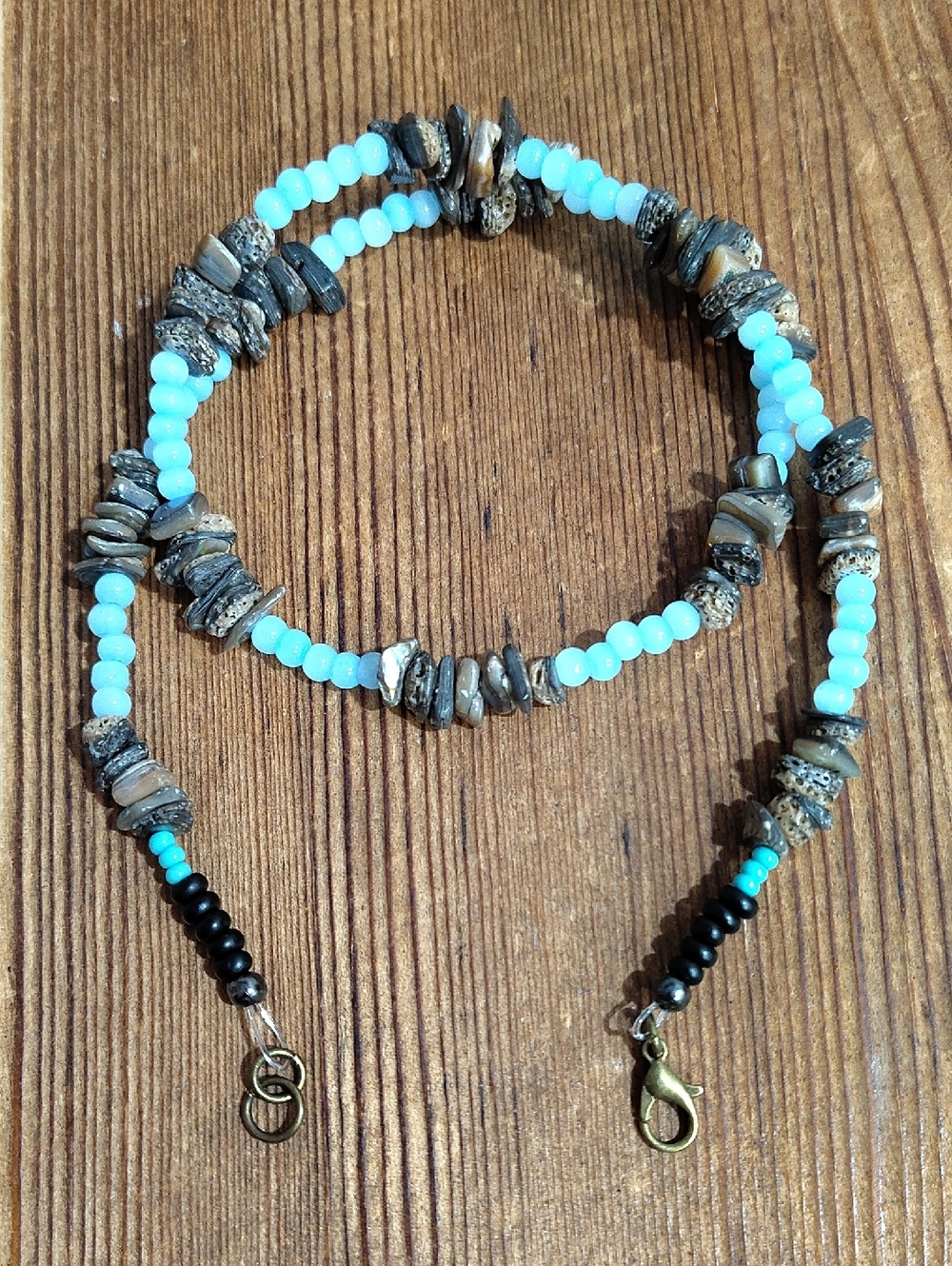 Men's Beaded Handmade Turquoise Light Blue and Shell,  Men's  Beaded Necklace